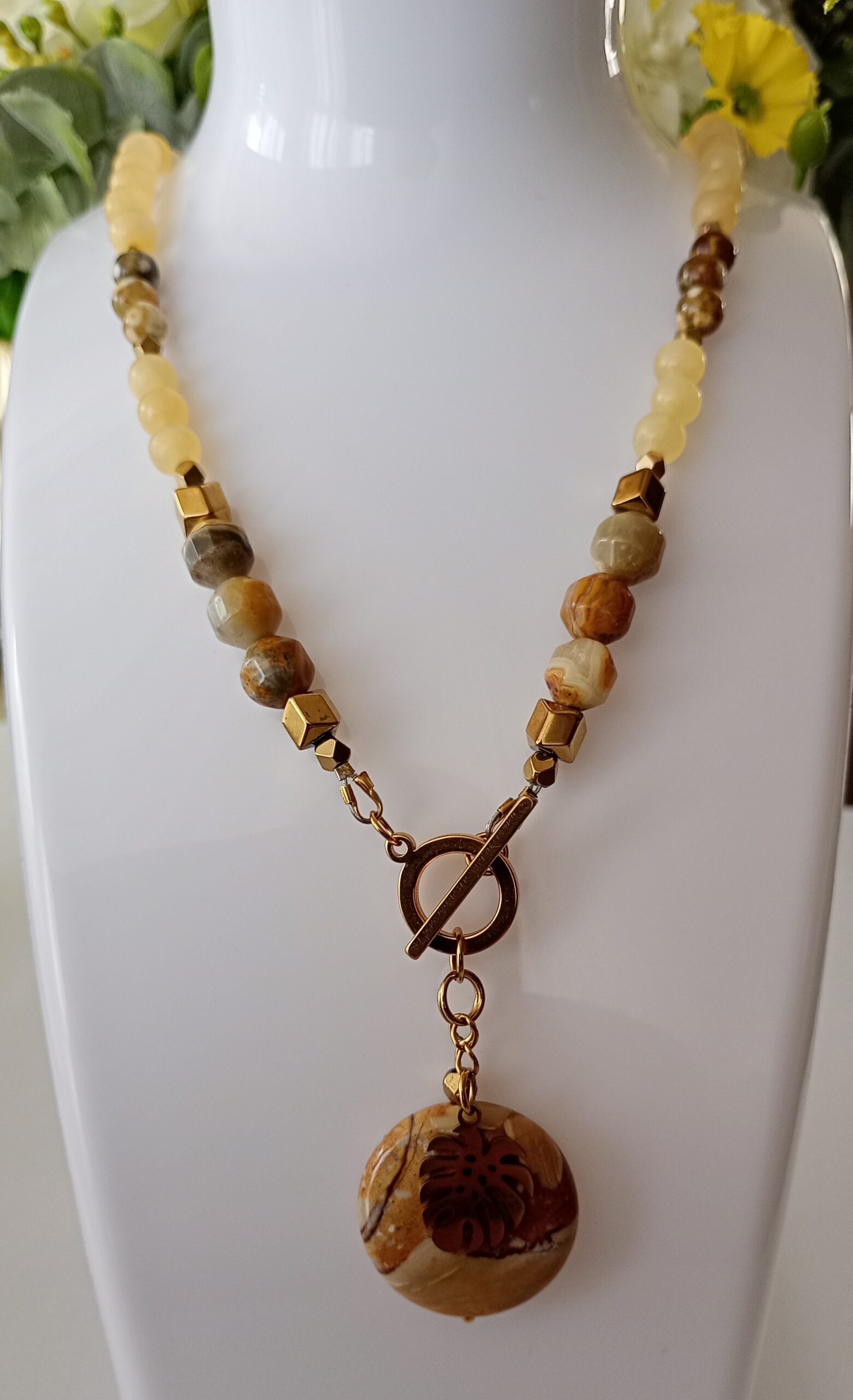 Naszyjnik z kamieni naturalnych – Kalcyt miodowy, agat palmowy, agat szalony